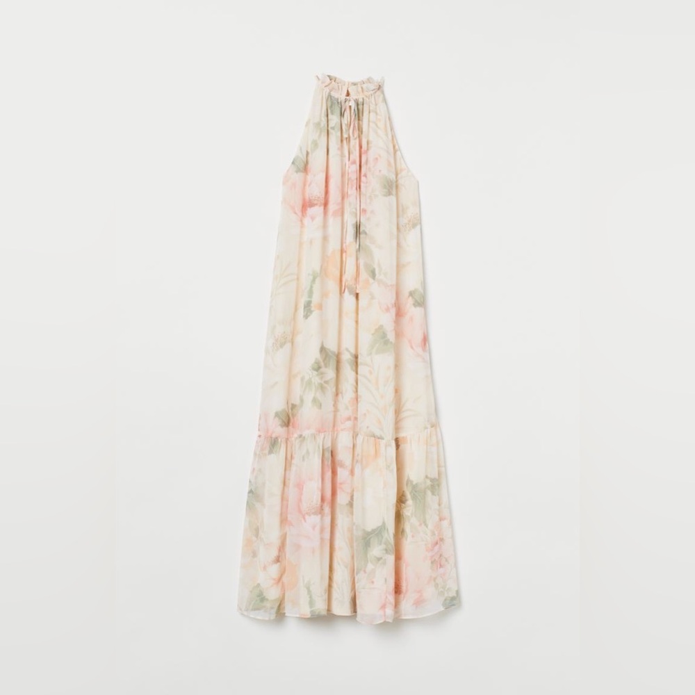 H&M Crinkled Cream/floral Dress Maxi Wedding Guest Event size S